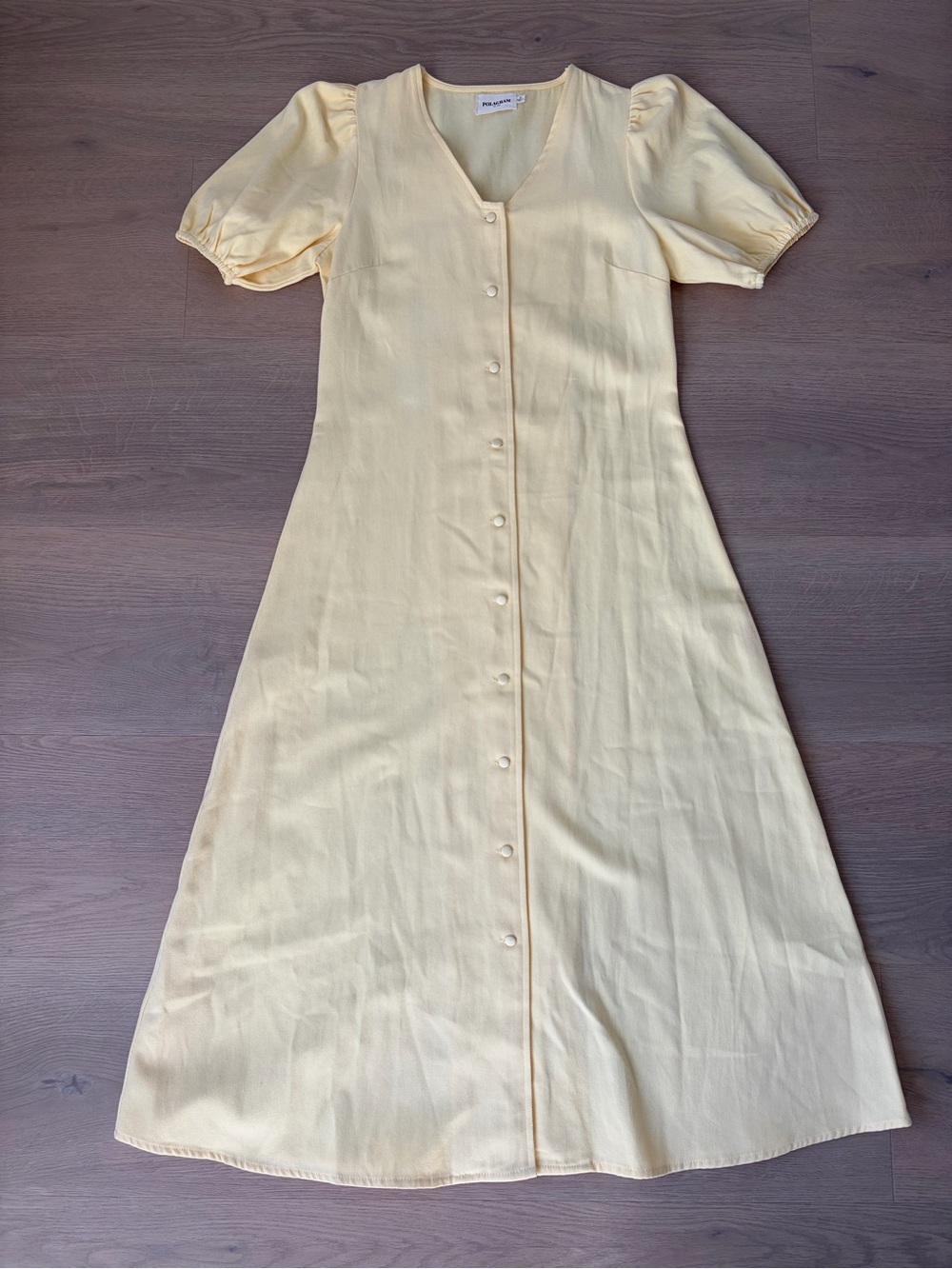 Polagram Pale Yellow Button-Front Midi Dress with Puff Sleeves